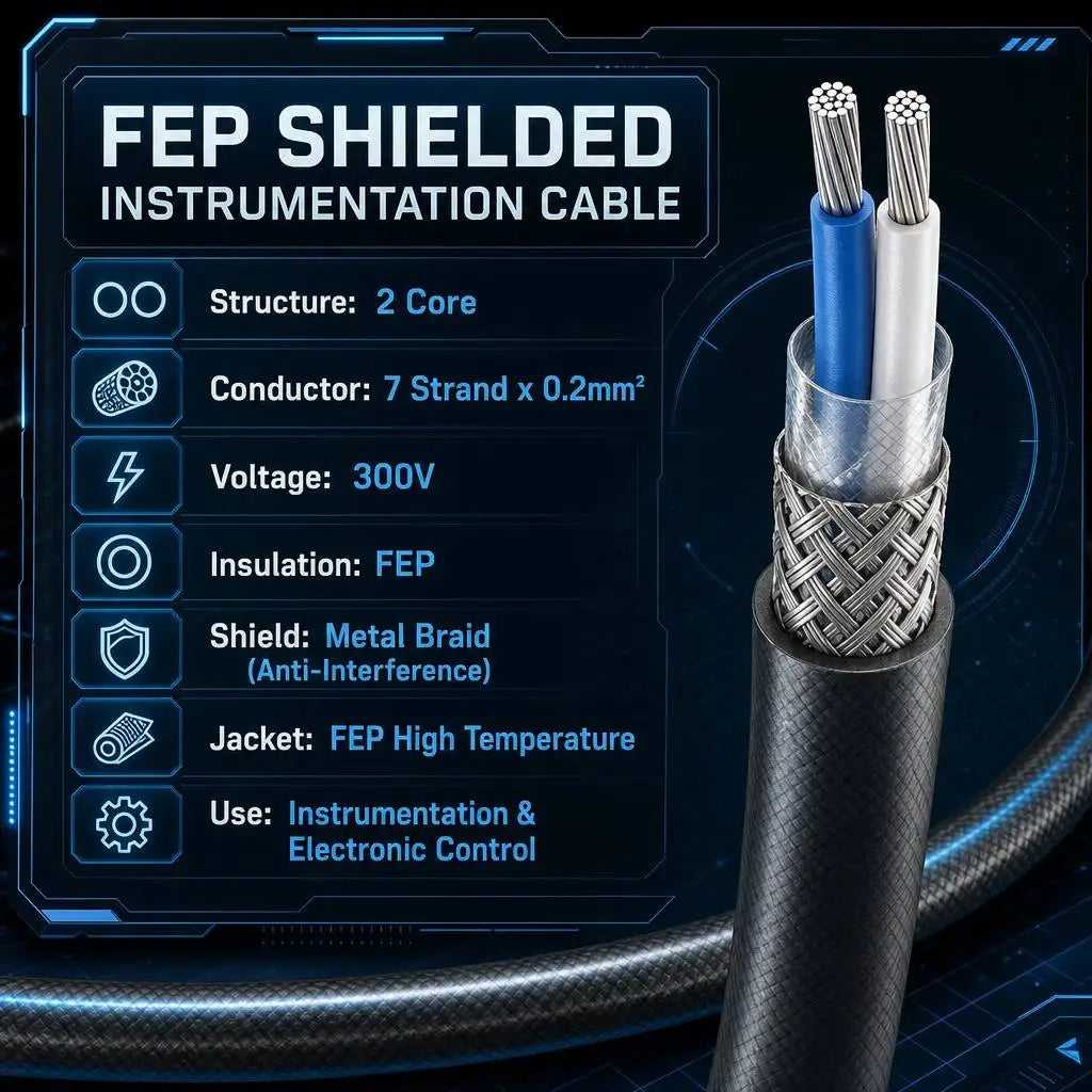 FEP Jacket Shielded Instrumentation Cable 2 Core 7 Strand 0.2mm2 300V Metal Braid Electronic Control Cable