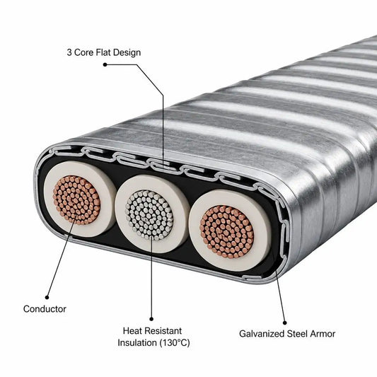 Industrial ESP Copper Conductor KL 16/900 3 Core 3.3kV 130C Heat Resistant IP68 Flat Galvanized Steel Armor Oil Well Pump Cable