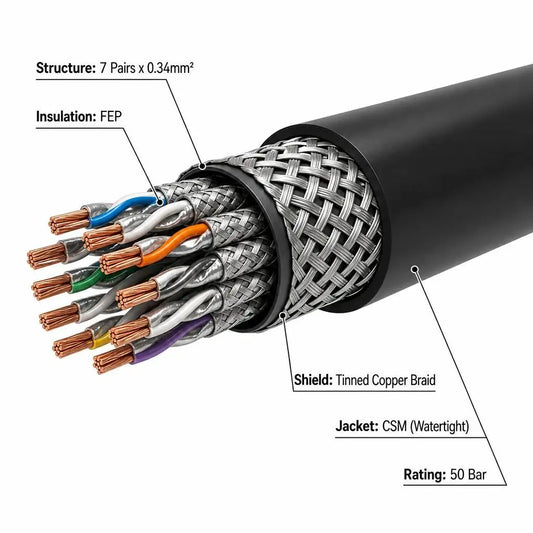 Watertight Subsea Data Cable 7 Pairs x 0.34mm2 FEP Insulated Tinned Copper Shielded CSM Sheath 50 Bar Underwater