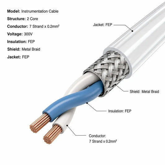 FEP Jacket Shielded Instrumentation Cable 2 Core 7 Strand 0.2mm2 300V Metal Braid Electronic Control Cable