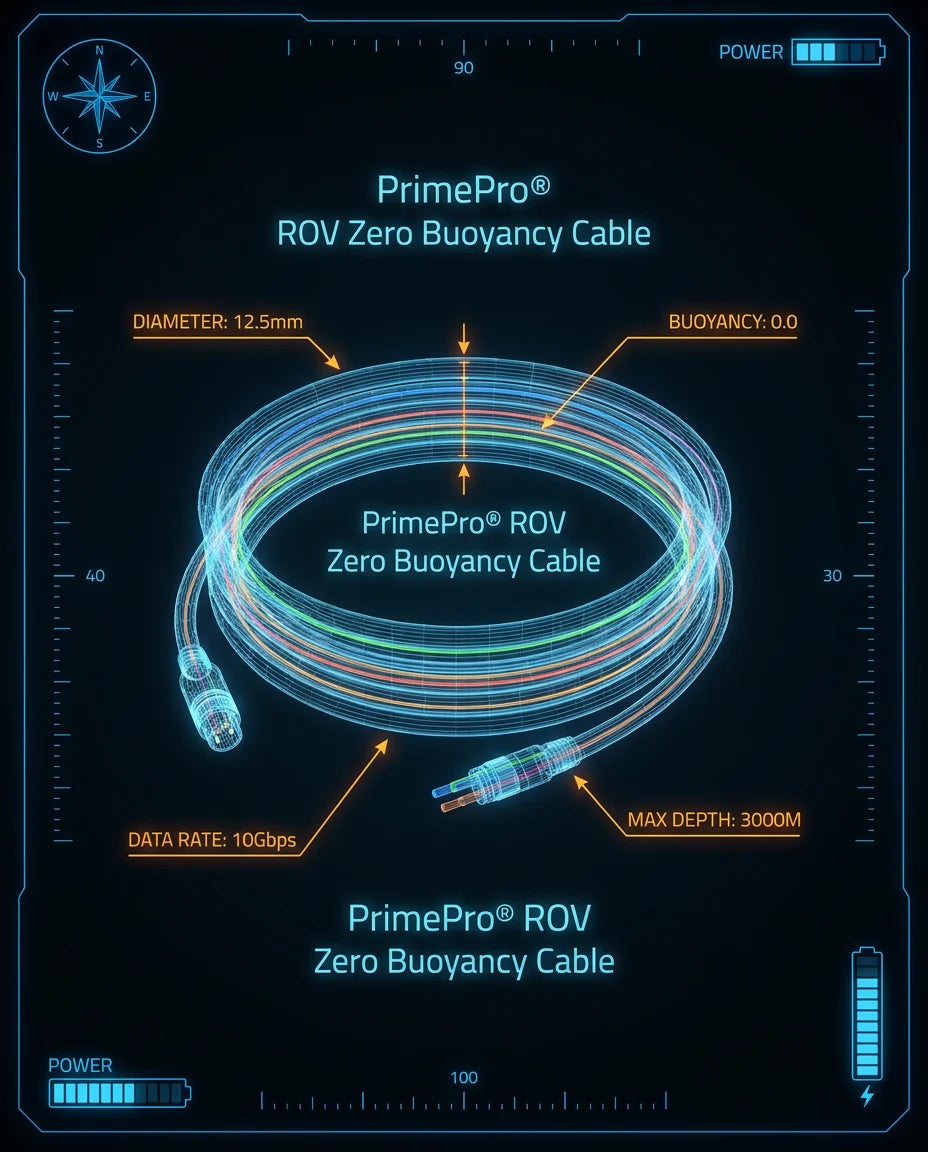 PrimePro ROV Zero Buoyancy Cable 3000m Depth 1.03 Density for Reinforced 10Gbps Data Rate 600V Power PE Hybrid Deep Sea