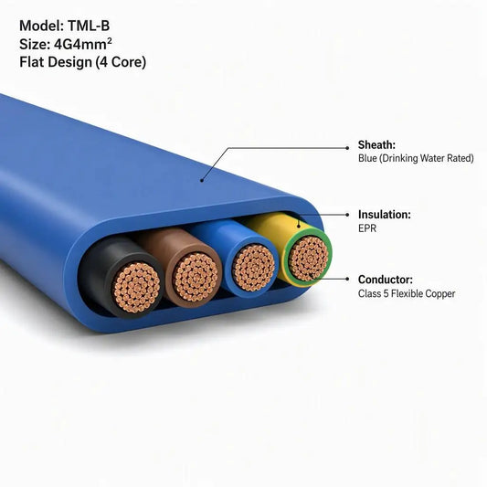 TML-B 4G4mm2 Flat Submersible Pump Cable EPR Insulated Drinking Water Rated Blue Sheath Class 5 Flexible Copper 450/750V 500m