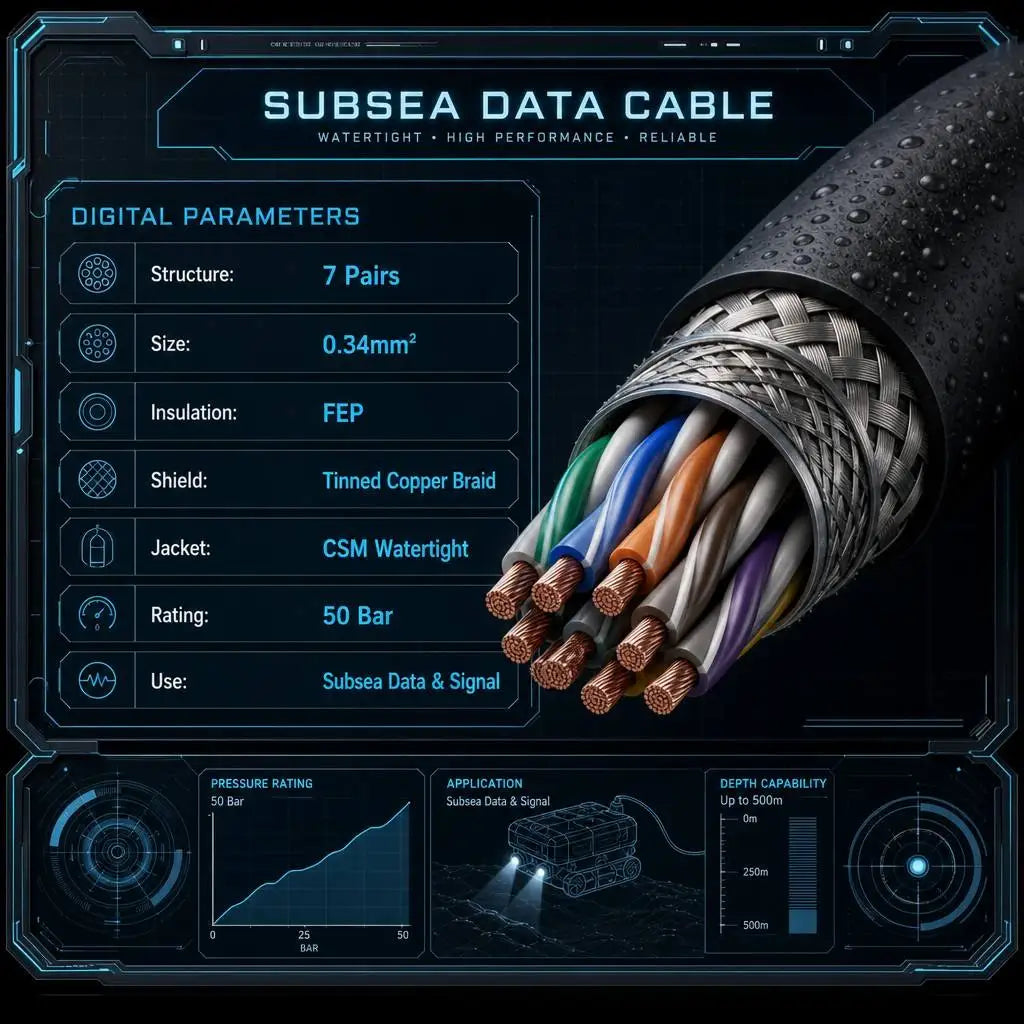 Watertight Subsea Data Cable 7 Pairs x 0.34mm2 FEP Insulated Tinned Copper Shielded CSM Sheath 50 Bar Underwater