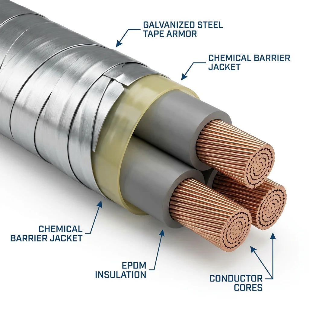 PrimePro Heavy-Duty ESP Cable 3kV-8kV | 150C Submersible Pump Cable | Interlocking Galvanized Steel Armor | IP68 | 3000m