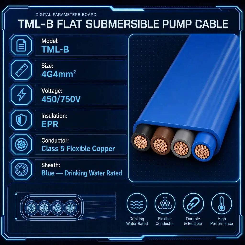 TML-B 4G4mm2 Flat Submersible Pump Cable EPR Insulated Drinking Water Rated Blue Sheath Class 5 Flexible Copper 450/750V 500m